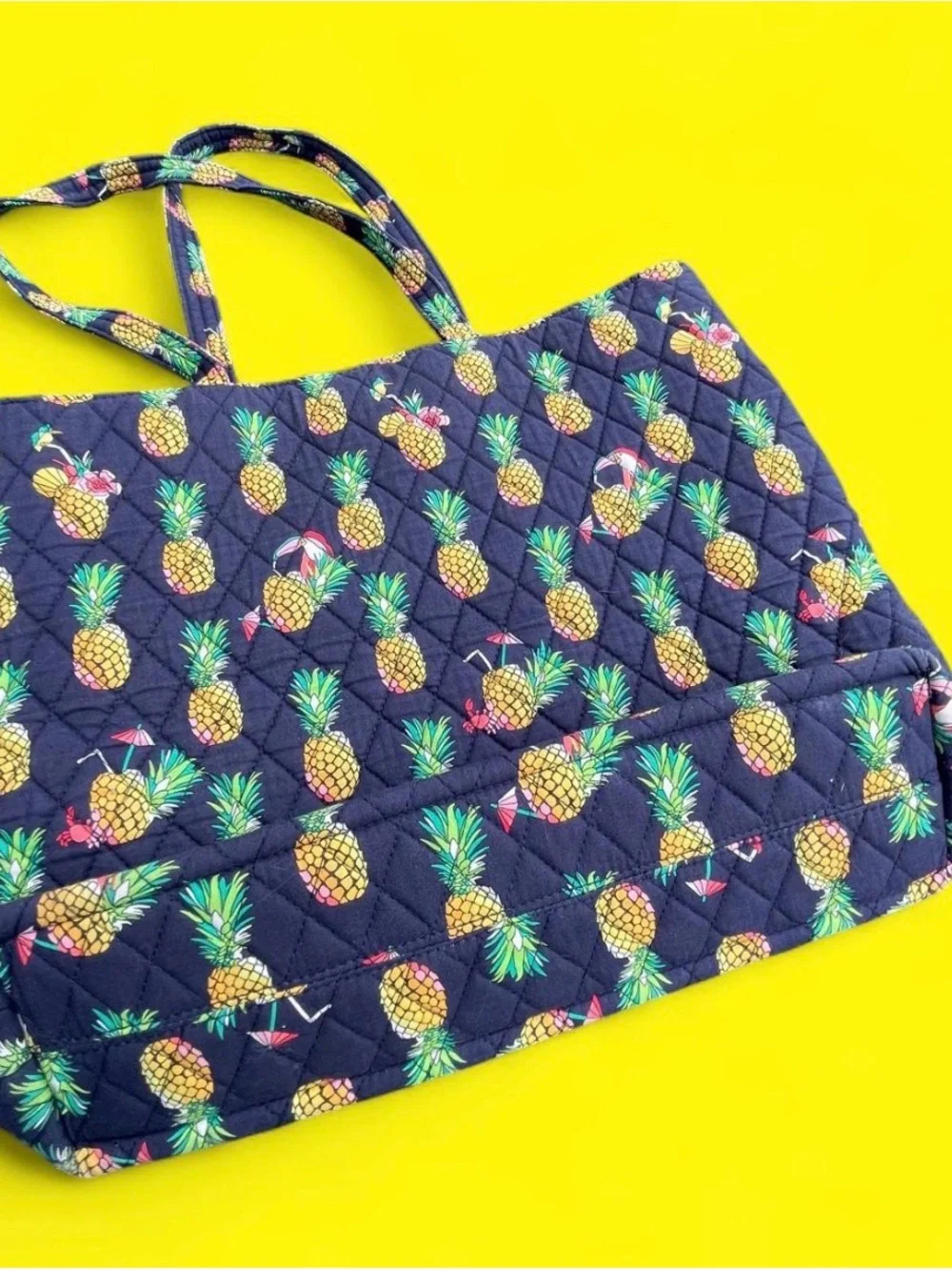 Vera Bradley Navy Quilted Tote with Yellow Pineapple Print